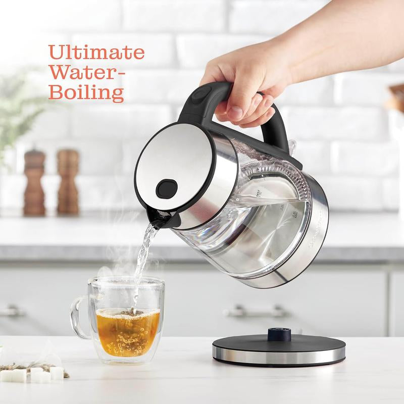 Speed-Boil Electric Kettle for Coffee & - 1.7L Water Boiler 1500W, Borosilicate Glass, Easy Clean Wide Opening, Auto Shut-Off, Cool Touch Handle, LED Light. 360 Rotation, Boil Dry Protection