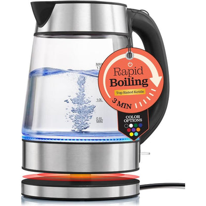 Speed-Boil Electric Kettle for Coffee & - 1.7L Water Boiler 1500W, Borosilicate Glass, Easy Clean Wide Opening, Auto Shut-Off, Cool Touch Handle, LED Light. 360 Rotation, Boil Dry Protection