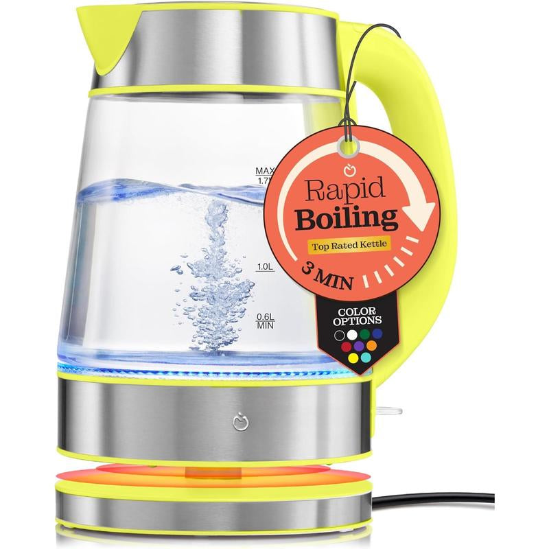 Speed-Boil Electric Kettle for Coffee & - 1.7L Water Boiler 1500W, Borosilicate Glass, Easy Clean Wide Opening, Auto Shut-Off, Cool Touch Handle, LED Light. 360 Rotation, Boil Dry Protection