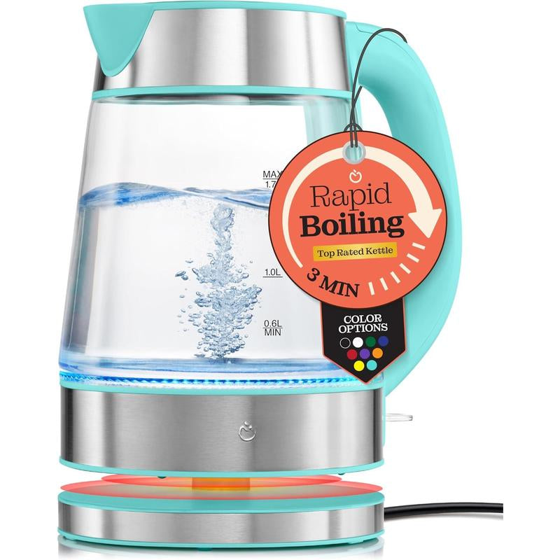 Speed-Boil Electric Kettle for Coffee & - 1.7L Water Boiler 1500W, Borosilicate Glass, Easy Clean Wide Opening, Auto Shut-Off, Cool Touch Handle, LED Light. 360 Rotation, Boil Dry Protection