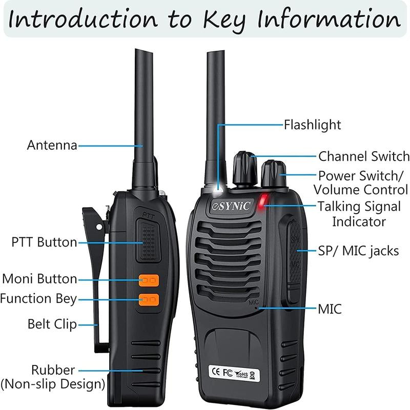 Esynic 2Pcs Professional 2 Way Radio Walkie Talkies Portable Adult Walkie Talkies Rechargeable Support 16 Channel VOX Function with Original Earpieces Perfect for Daily Use Audio Communication Mother'S Day Gift