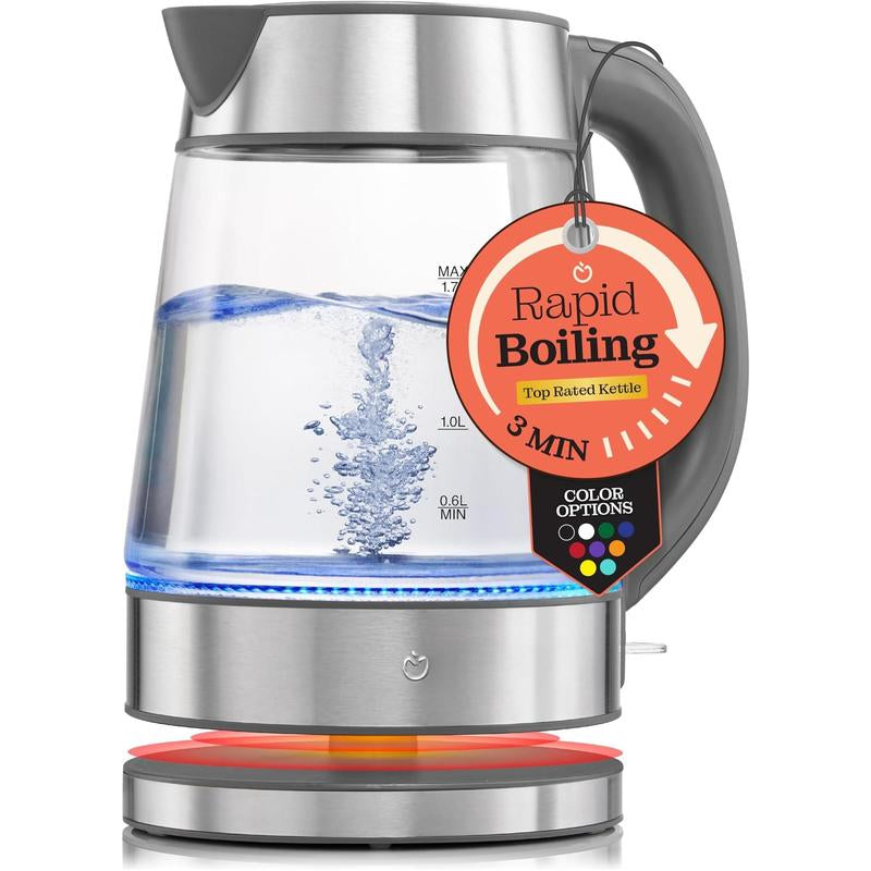 Speed-Boil Electric Kettle for Coffee & - 1.7L Water Boiler 1500W, Borosilicate Glass, Easy Clean Wide Opening, Auto Shut-Off, Cool Touch Handle, LED Light. 360 Rotation, Boil Dry Protection