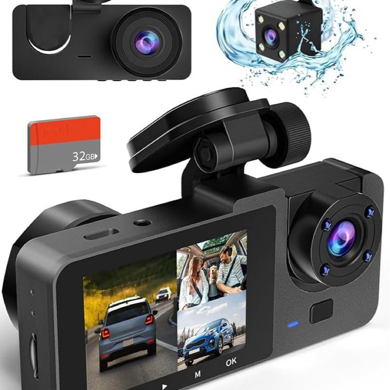 Dash Camera for Cars,1080P Full HD 3 Channel Dash Cam Front and Rear Inside, Dashcam with Night Vision with Free 32GB SD Card,Built-In 2.0'' IPS Screen,Wdr,G-Sensor,24H Parking Mode