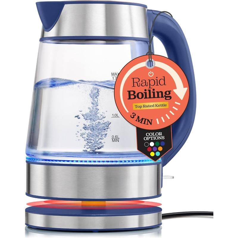 Speed-Boil Electric Kettle for Coffee & - 1.7L Water Boiler 1500W, Borosilicate Glass, Easy Clean Wide Opening, Auto Shut-Off, Cool Touch Handle, LED Light. 360 Rotation, Boil Dry Protection