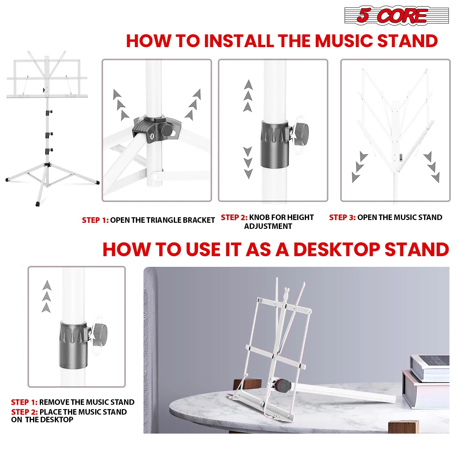 5Core Music Stand for Sheet Music Portable Tripod MUS FLD 4S WH