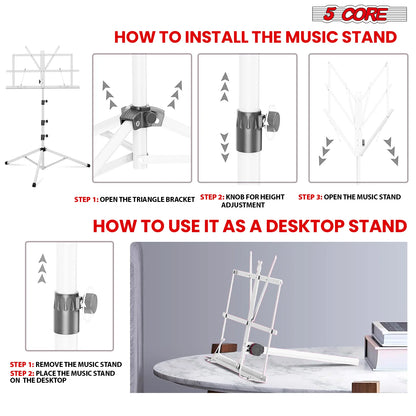 5Core Music Stand for Sheet Music Portable Tripod MUS FLD 4S WH