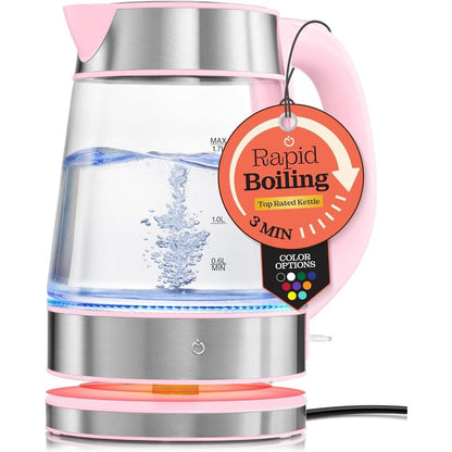 Speed-Boil Electric Kettle for Coffee & - 1.7L Water Boiler 1500W, Borosilicate Glass, Easy Clean Wide Opening, Auto Shut-Off, Cool Touch Handle, LED Light. 360 Rotation, Boil Dry Protection