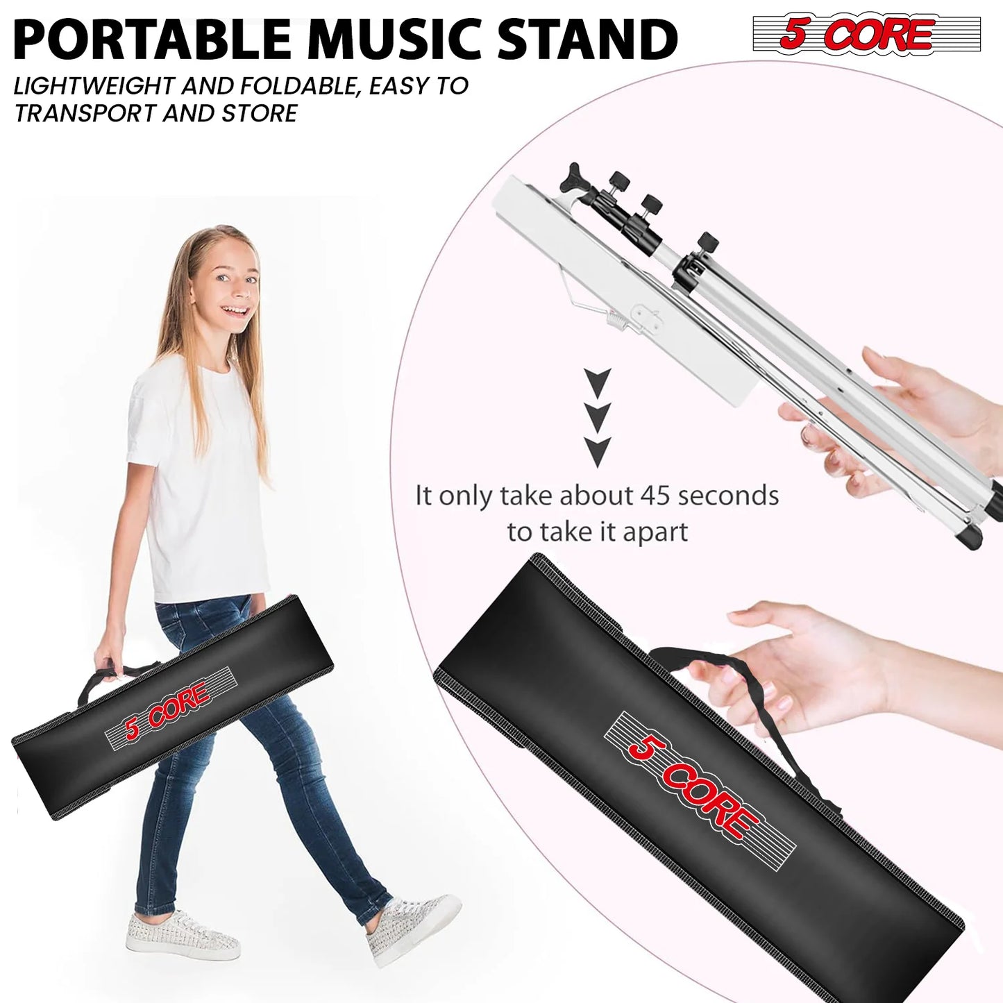 5Core Music Stand for Sheet Music Portable Tripod MUS FLD 4S WH