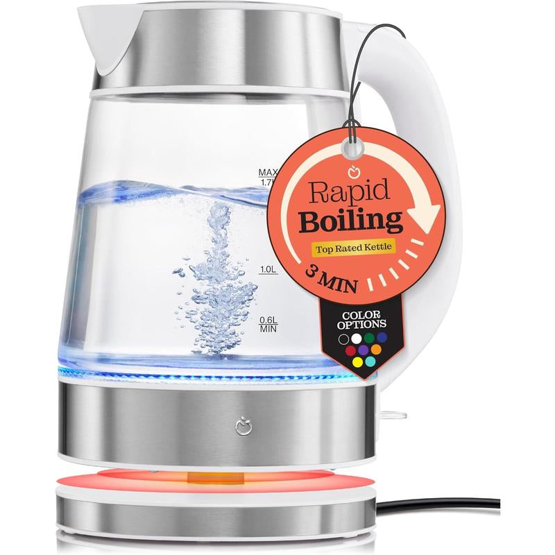 Speed-Boil Electric Kettle for Coffee & - 1.7L Water Boiler 1500W, Borosilicate Glass, Easy Clean Wide Opening, Auto Shut-Off, Cool Touch Handle, LED Light. 360 Rotation, Boil Dry Protection