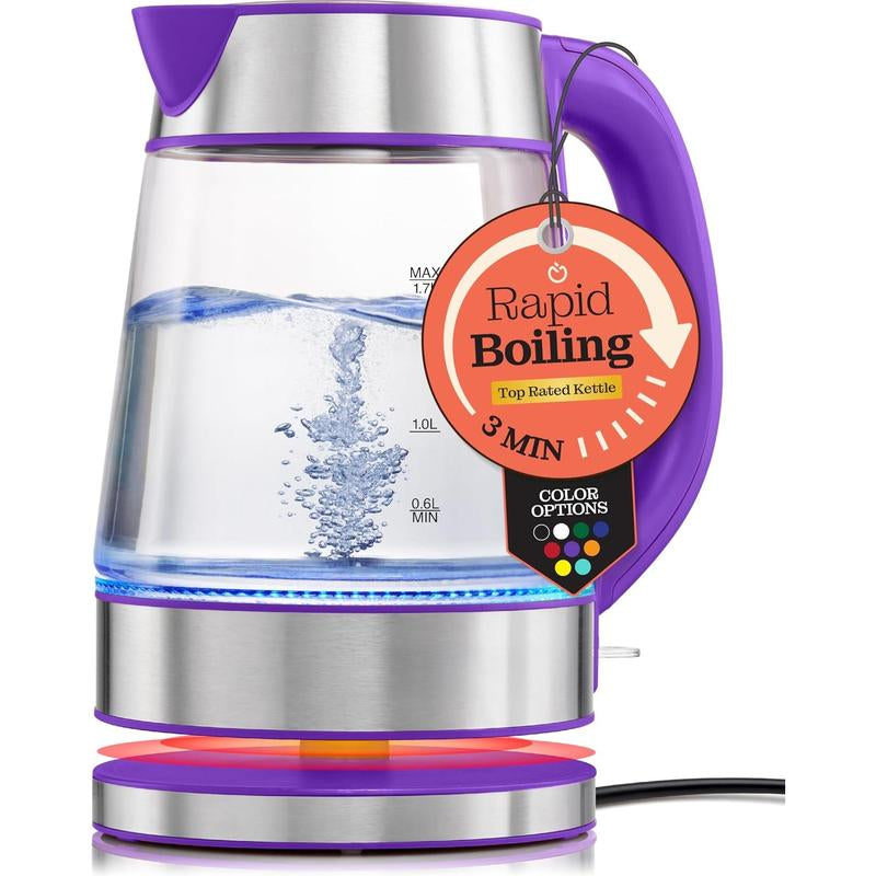 Speed-Boil Electric Kettle for Coffee & - 1.7L Water Boiler 1500W, Borosilicate Glass, Easy Clean Wide Opening, Auto Shut-Off, Cool Touch Handle, LED Light. 360 Rotation, Boil Dry Protection