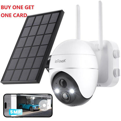 {Buy 1 Get 1 Card} Iegeek ZS-GX4S 5MP Battery Camera with Panel - Security Cameras Outdoor, Solar Cámara Wireless Wifi 360° PTZ Battery Powered with Spotlight & Siren/Motion Detection/Color Night Vision/2-Way Audio/Waterproof, Works with Alexa