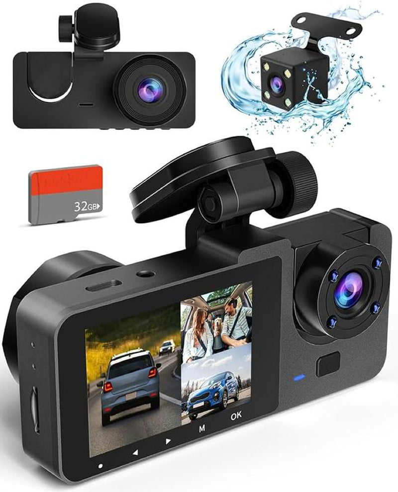 Dash Camera for Cars,1080P Full HD 3 Channel Dash Cam Front and Rear Inside, Dashcam with Night Vision with Free 32GB SD Card,Built-In 2.0'' IPS Screen,Wdr,G-Sensor,24H Parking Mode