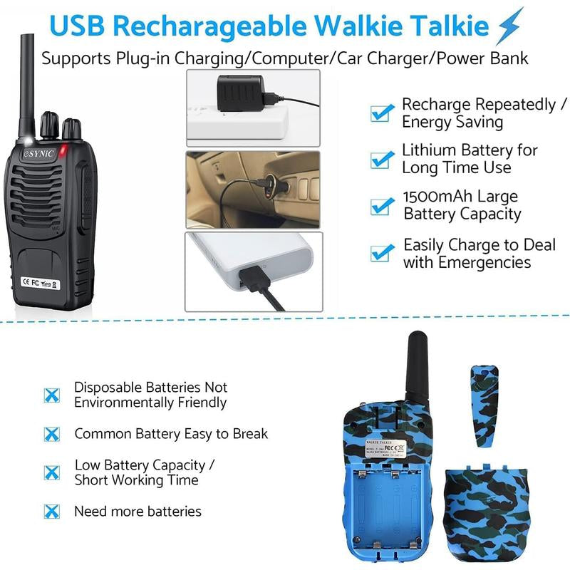 Esynic 2Pcs Professional 2 Way Radio Walkie Talkies Portable Adult Walkie Talkies Rechargeable Support 16 Channel VOX Function with Original Earpieces Perfect for Daily Use Audio Communication Mother'S Day Gift