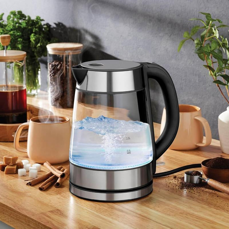 Speed-Boil Electric Kettle for Coffee & - 1.7L Water Boiler 1500W, Borosilicate Glass, Easy Clean Wide Opening, Auto Shut-Off, Cool Touch Handle, LED Light. 360 Rotation, Boil Dry Protection