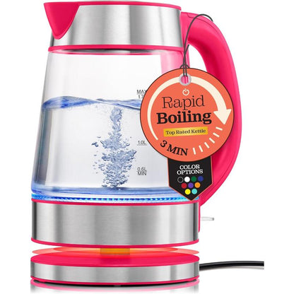 Speed-Boil Electric Kettle for Coffee & - 1.7L Water Boiler 1500W, Borosilicate Glass, Easy Clean Wide Opening, Auto Shut-Off, Cool Touch Handle, LED Light. 360 Rotation, Boil Dry Protection