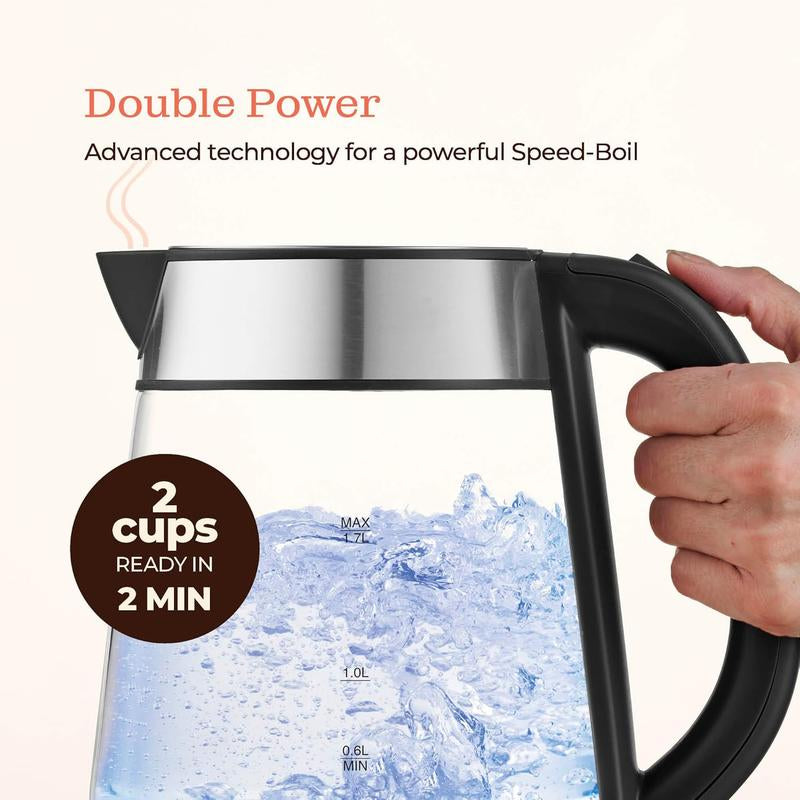 Speed-Boil Electric Kettle for Coffee & - 1.7L Water Boiler 1500W, Borosilicate Glass, Easy Clean Wide Opening, Auto Shut-Off, Cool Touch Handle, LED Light. 360 Rotation, Boil Dry Protection