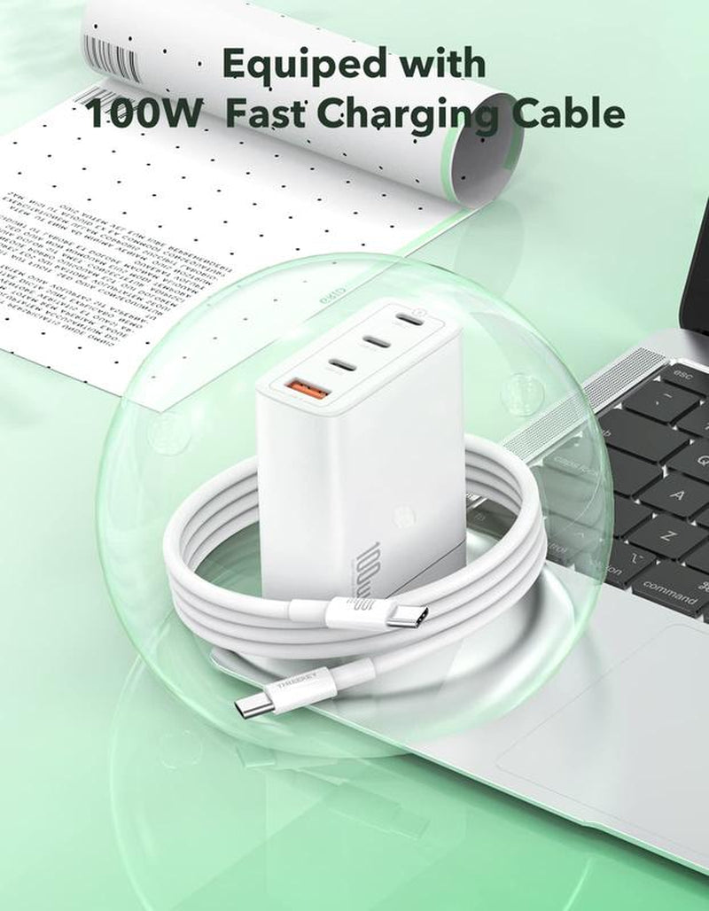 100W USB C Charger, THREEKEY 4-Port Gan Foldable Fast Charger Block with 100W 3.3FT C to C Cable, Compatible with Macbook Pro/Air,Iphone15,Laptop and More. Smartphone Cellphone Charging Mobile Electronic